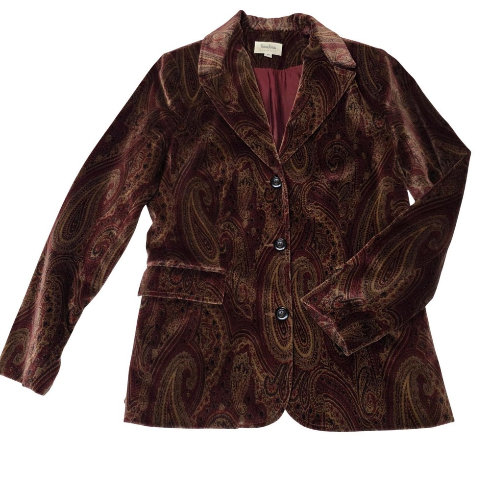 VTG Neiman Marcus‎ Velvet Paisley Blazer Women Size 10 Burgundy Gold Jacket EUC